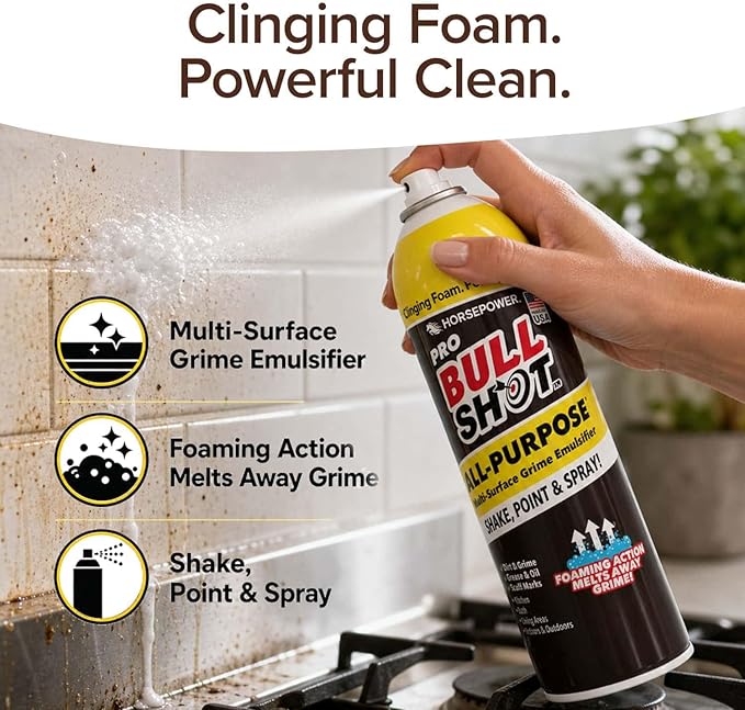 Bull Shot All-Purpose, Multi-Surface Grime Emulsifier, AS SEEN ON TV, Professional Strength Clinging Foam Cleaner; Grease, Oil, Scuff Marks, Dirt, Non-Abrasive, Kitchen, Bath, Living Areas & Outdoors