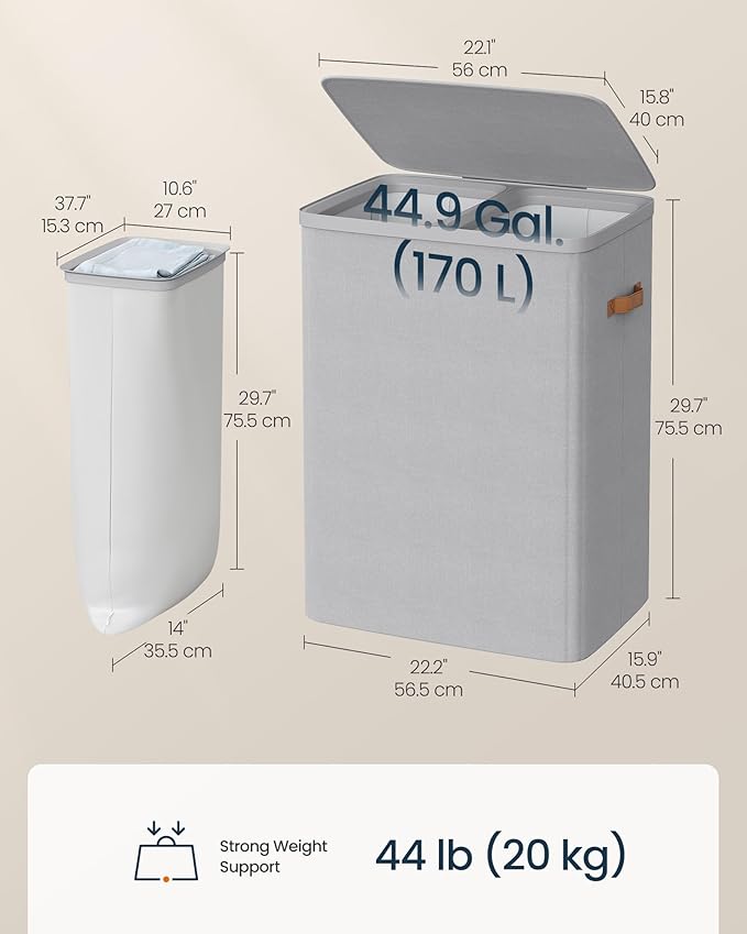 SONGMICS HOME Laundry Hamper with Lid, 2 Section Laundry Basket with Removable Liners and Handles, Foldable Clothes Sorter for Bedroom, Bathroom, Gray