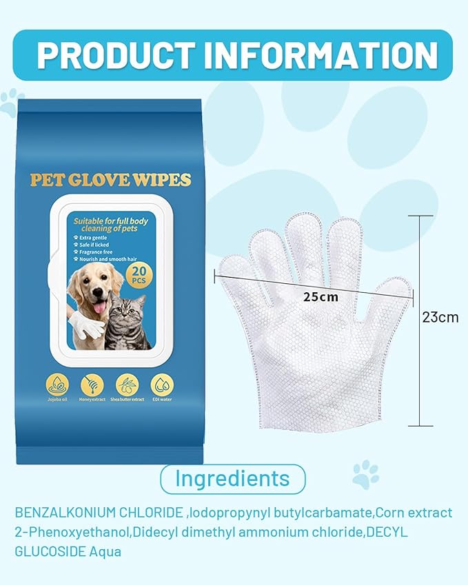 20 Pcs Dog Glove Wipes for Paws, Butt, Ears & Eyes - Pet Cleaning Wipes for Walk, Grooming & Potty | Extra Large Thick Rinse-Free for Dogs & Cats | Hypoallergenic Fragrance-Free for Travel & Camping
