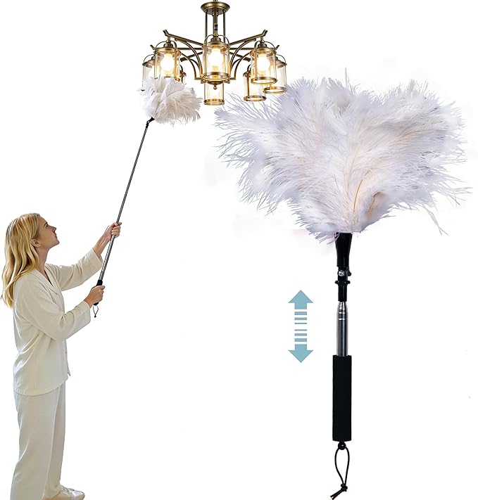 Extendable Ostrich Feather Duster - Fluffy Long Handle Reusable Feather Duster for Cleaning Ceiling Fan,Pendant lamp, High Ceiling, Blinds, Furniture (White)