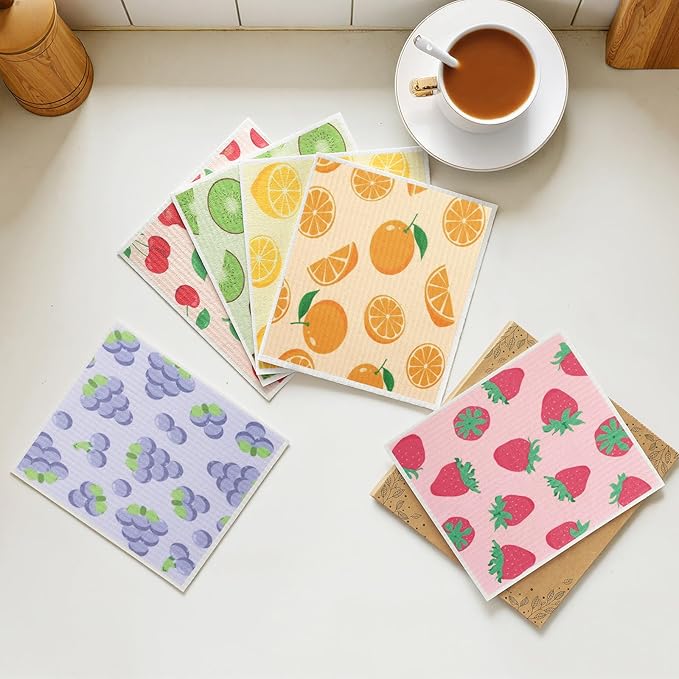 Homaxy Swedish Dishcloths for Kitchen, 6 Pack Fruit Reusable Paper Towels with Clips, Absorbent Cellulose Sponge Dish Cloths for Washing Dishes, Non-Scratch & Odor-Free Dish Rags