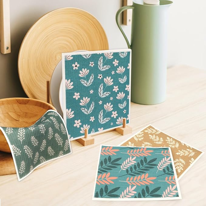Green Swedish Dishcloths for Kitchen, 6 PCS Swedish Dish Cloths, Super Absorbent Washable Reusable Floral Cloths Dish Towel, No Odor Cellulose Sponge (Dark-Green)