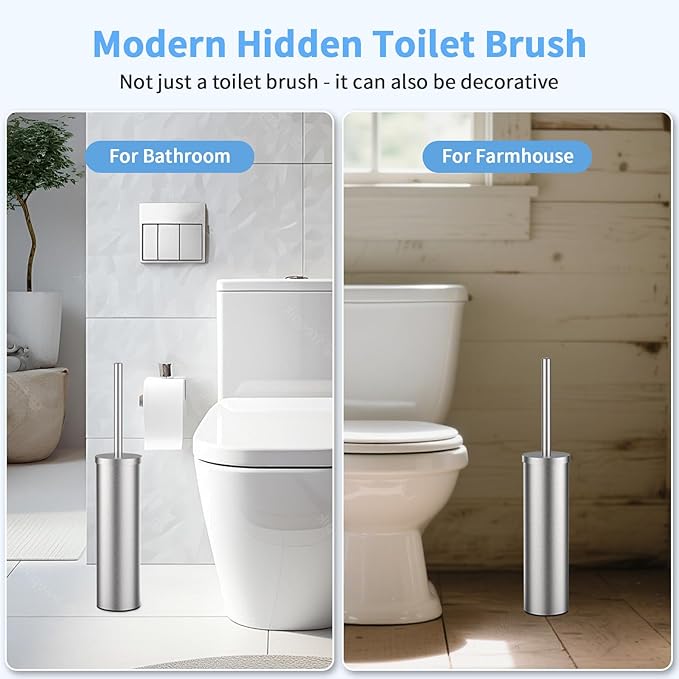 Stainless Steel Toilet Brush and Holder Set Brushed Silver Heavy Duty Toilet Bowl Brush with Long Handle for Bathroom and Farmhouse (Silver)