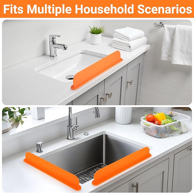 19.3 inch Sink Water Splash Guard, Silicone Sink Splash Guard, Backsplash Protector for Kitchen Countertop & Bathroom Bathtub with Non-Slip Strong Suction, Orange