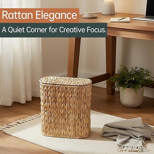 Coeusy Wicker Bathroom Trash Can with Lid,Narrow Rattan Waste Basket with Removable Liner Bucket,Slim Woven Water Hyacinth Garbage Can for Bedroom,Office,Small Spaces,3 Gallon
