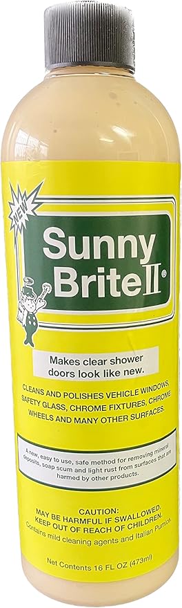 Sunny Brite II Hard‑Water Stain Remover & Glass Cleaner, 16 oz Biodegradable Liquid - Removes Mineral Deposits, Soap Scum and Rust on Shower Doors, Auto Windows, Chrome and Stainless Surfaces