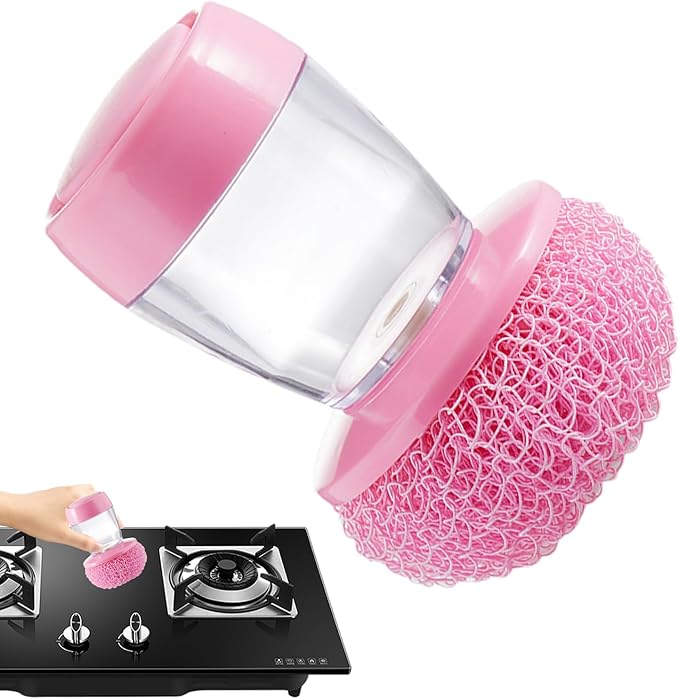 awakentti Soap Dispensing Palm Brush, Soap Dispensing Palm Brush Storage Set, Refillable and Visible, Portable Dish Brush for Dishes Pot Pan Kitchen Sink Scrubbing (Pink)