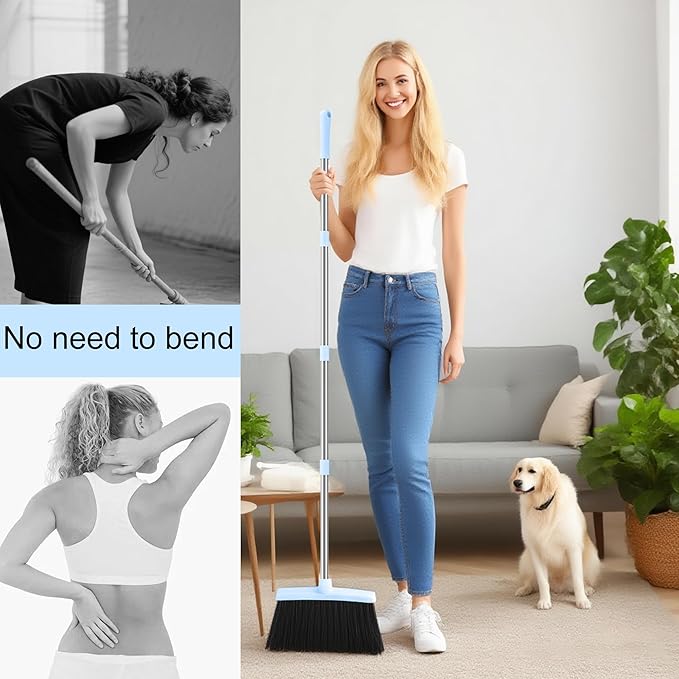 BSKLIN Broom and Dustpan Set House Brooms for Sweeping Indoor Collapsible Broom and Dust Pan Combo for Home Office Kitchen Lobby Floor Pet Hair (Small-Blue)