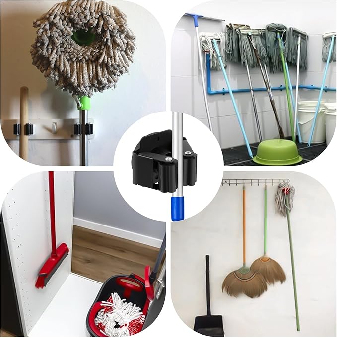NQEUEPN 4pcs Hanging Mop And Broom Holder, Magnetic Broom Holder Heavy Duty Mop Holder Broom Holder No Drill Broom Storage Rack Black Mop Rack Wall Mount for Laundry Garage Kitchen Garden Bathroom