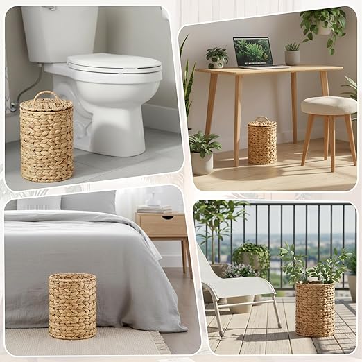 Boho Wicker Trash Can with Lid 1.3 Gallons Small Bathroom Trash Can with 100 Garbage Bags Water Hyacinth Wicker Waste Basket for Bedroom Bathroom Kitchen Living Room