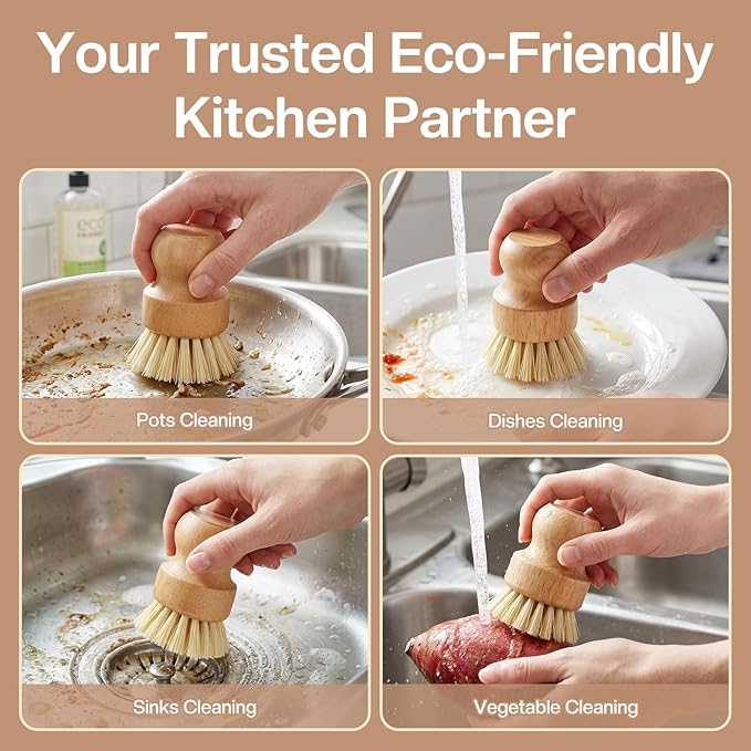 Wooden Dish Brush with Metal Stand Handheld Bamboo Wok Brush Scrubber for Dishes Pans Pots Fruit and Veggie Washing(1,Beige)