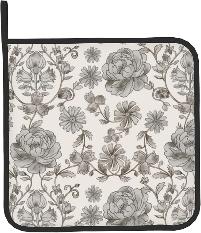 Vintage Flowers Oven Mitts and Pot Holders Sets Boho Kitchen Gloves White Grey Floral Hot Pads Cute Baker Stuff Chef Cooking Baking Gifts for Women