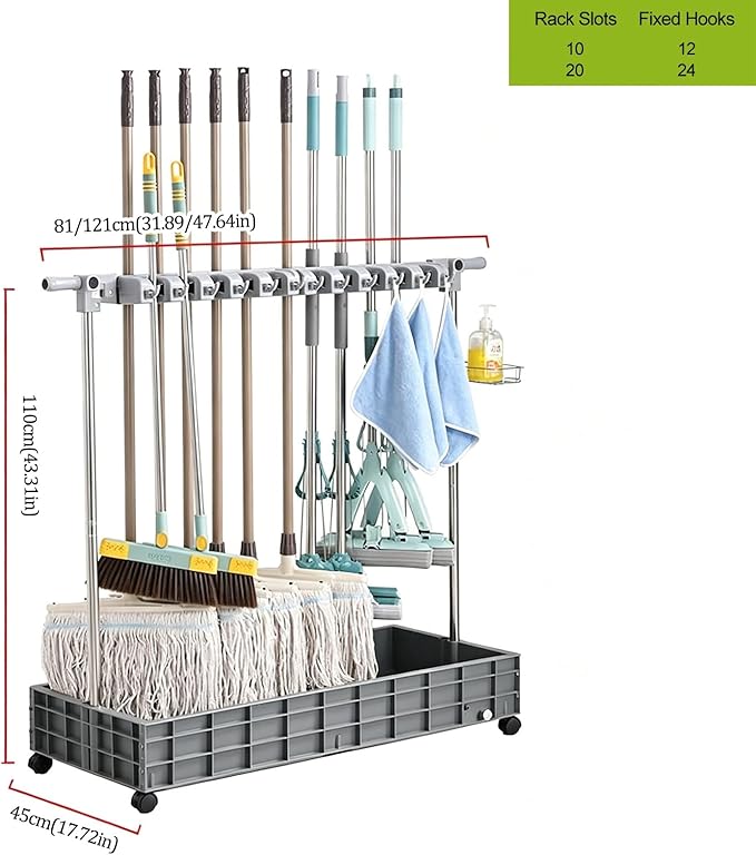 SARKEY Mobile Broom Mop Holder,Freestanding Housekeeping Storage With Hanging Hooks Drip Tray,Solves The Problem Of Dripping Mops And Wet Floors,For Garden,Schools Hotels(121x45x110cm(48x18x43in))