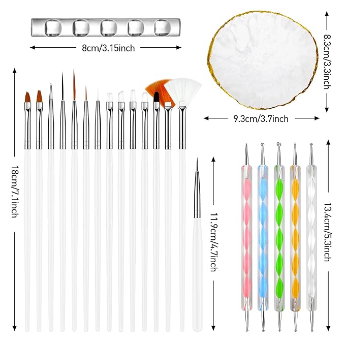 MUIIGOOD White Nail Art Brush 22 Pcs Set, 2 Head Acrylic Silicone Engraving Dotting Pen Tools Dust Brush, Striping Liner Drawing Pens, Resin Palette, for Nail Art DIY Home Salon Makeup Display Board