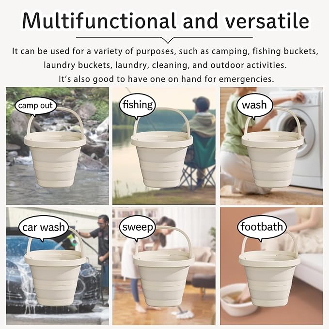 Collapsible Utility Bucket with Handle, 10L Sizes, Multi-Purpose for Foot Bath, Cleaning, Storage, Beige (Grey)