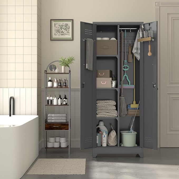 65" H Metal Storage Cabinet,Broom Closet Storage Cabinet with Adjustable Shelves,Locking Steel Cabinets with Pegboard and Hanging Rod,Utility Closet for Brooms and Mops,Grey