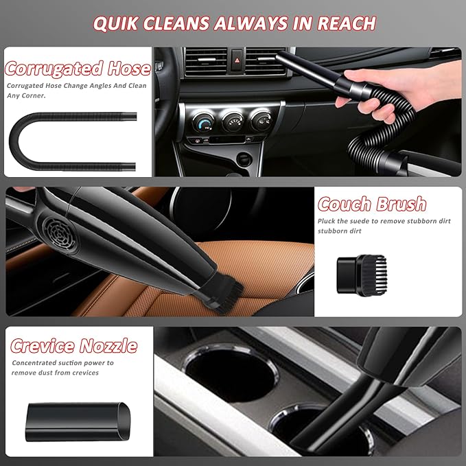 QISHENG-5 in 1 Wet/Dry Handheld Corded Car Vacuum Cleaner, 12V DC with Set of Cleaning Sets, Strong Suction & Lightweight. (Black)