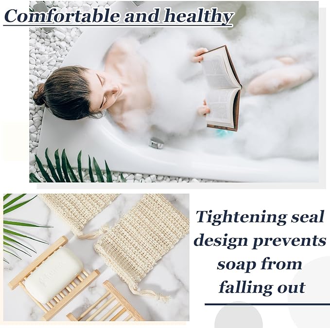 Rtteri 120 Pcs Soap Saver Bags & Bamboo Soap Holder Set Exfoliating Sisal Soaps Washing Bags Self Draining Wooden Bar Soaps Dish for Shower Bath Toilet Kitchen Restaurant