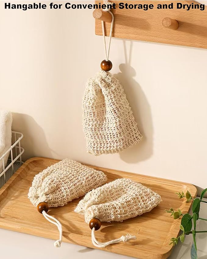 16 Pack Soap Bags for Soap Bars-Natural Sisal Soap Bag,Bar Soap Pouch with Drawstring, Exfoliating Soap Saver Bags mesh soap Bag with Wooden Beads Foaming and Drying Soap Holder for Bath Shower