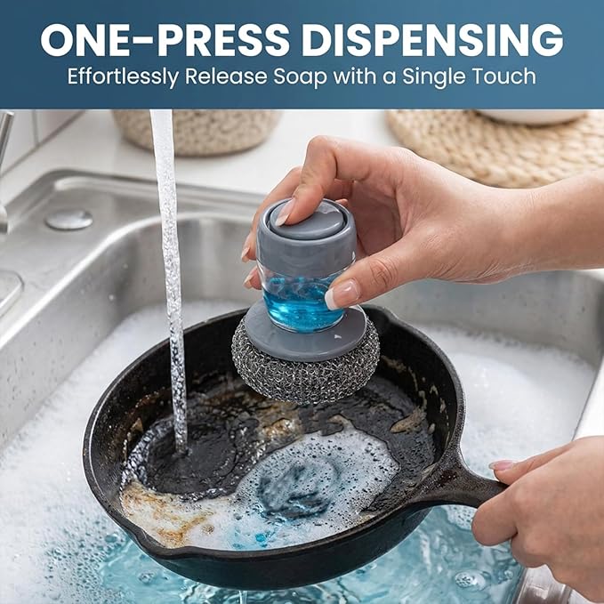 Sakerplus Dish Brush Kitchen Soap Dispensing Palm Brush, Comfort Grip Soap Dispensing Kitchen Scrub, Palm Brush Dish Scrubber with Holder for Kitchen Sink (1, Dark Gray, Steel Wool)
