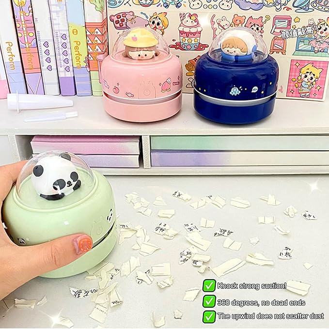 Mini Desktop Vacuum Cleaner Cute Cartoon Desktop Vacuum Cleaner for Kids Students Battery Powered Portable Mini Table Dust Sweeper 360-degree Rotatable Desk Duster Green
