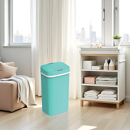 15L Smart Diaper Pail with Motion Sensor Lid | Touchless Hands-Free Baby Diaper Trash Can | Double Locking Seal | Slim Space-Saving Design | Quiet & Durable (Turquoise)