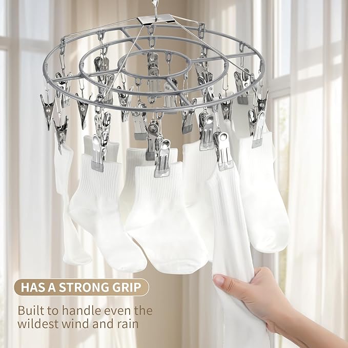 PHYDELU Drying Rack Clothing with 24 Clips,Sock Hanger for Drying,Hanging Clothes Dryer Underwear Hangers Racks Laundry Herb Socks Panty Wet Bra Lingerie Baby Delicates Foldable Small Indoor Metal