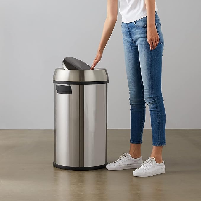 Amazon Basics Round Stainless Steel Trash Can with Swing Lid, Fingerprint and Smudge Resistant, 65 Litre/17.2 Gallon, Silver, Black