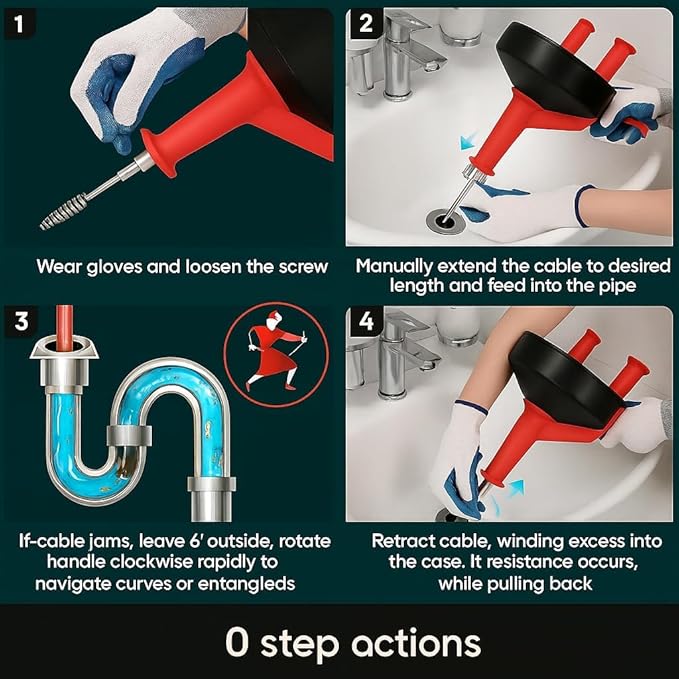 42 FT Drain Snake Hair Drain Clog Remover, Manual Or Powered, Plumbing Snake With Drill Adapte,Unclog Sink Drain Tool, Drain Auger for Toilet、Shower、Kitchen、Sink, No Auto Retract Or Feed, Red