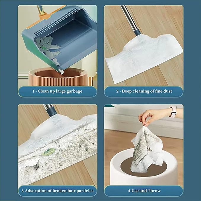 30'' Broom and Dustpan Set for Home with Scraping Teeth and Scraper, 180° Rotatable Long Handle Broom with Stand Up Dustpan Combo Set for Office Home Kitchen Lobby Floor, House Warming Gifts (Blue)