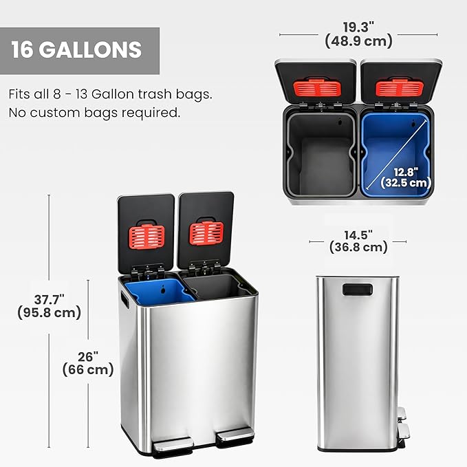 iTouchless SoftStep 16 Gallon Dual Compartment Kitchen Trash Can and Recycle Bin with dual AbsorbX Odor Filters, 60L Stainless Steel Step Garbage Can, Soft-Close Lids, Color-Coded Buckets (Black/Blue)