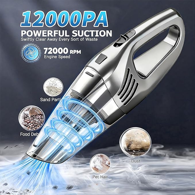 Car Vacuum Portable Cordless β 12000PA Strong Suction, Lightweight & Rechargeable β Includes Multi-Nozzle Attachments for Car, Home, Office, and Pet Hair β Compact & Powerful Grey Vacuum