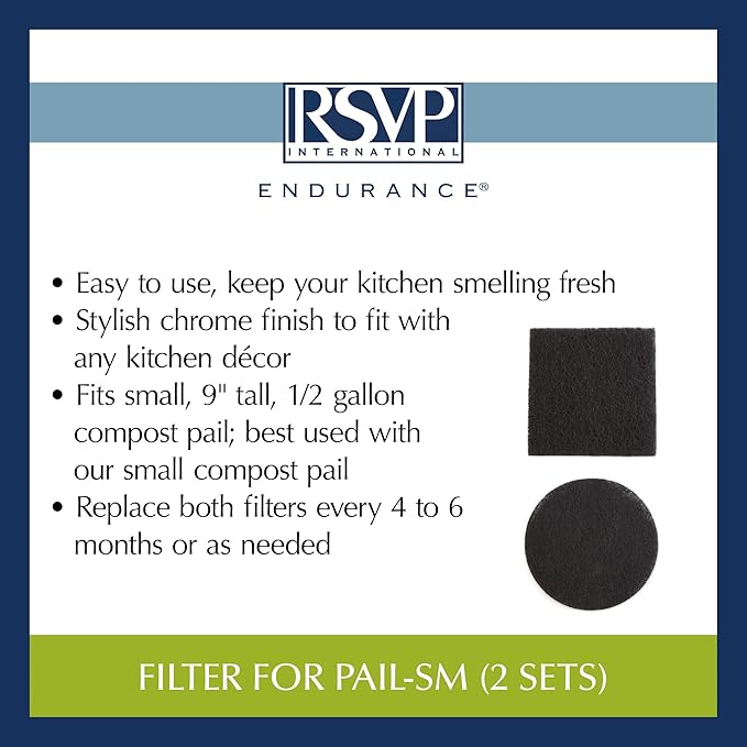 RSVP International Charcoal Compost Bin Filter 2-Piece Set Helps Keep Kitchen Smelling Fresh, Replacement - 1 Gallon Bin/Pail