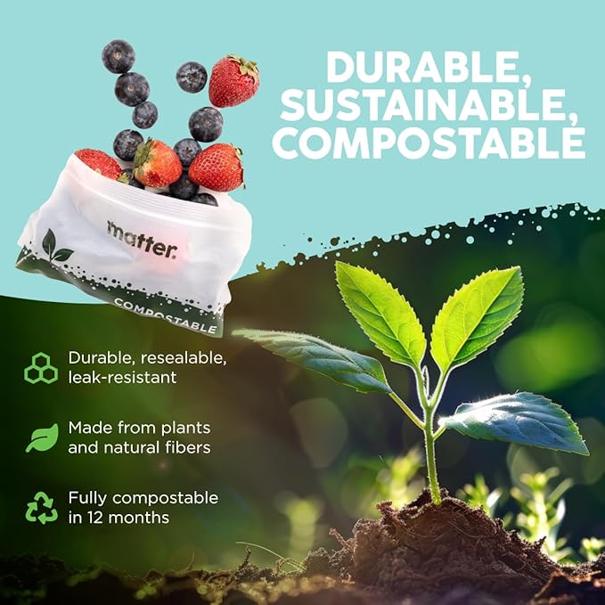 Matter Compostable Assorted Kitchen Bags, 230 Count, Biodegradable, Eco-Friendly Resealable Food Storage Variety Pack, 80 Snack, 80 Sandwich, 50 Quart & 20 Gallon
