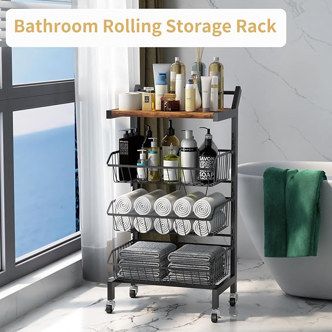 DGSANDGO 4-Tier Slim Rolling Storage Cart, Narrow Kitchen Cart with Lockable Wheels & Water-Resistant Wooden Tabletop, Small Space Utility Cart for Kitchen/Bathroom/Living Room/Laundry Room