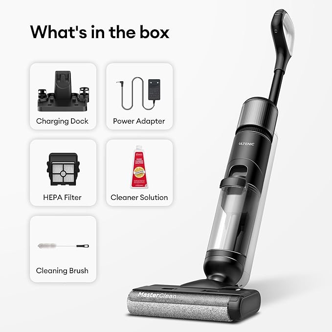 Ultenic Wet Dry Vacuum Cleaner, Cordless Vacuum Mop Combo with Self-Cleaning, 50min Runtime, Smart Mess Detection, Edge Cleaning, LED Display, 3-in-1 Floor Cleaner Machine for Hard Floor, Black&White