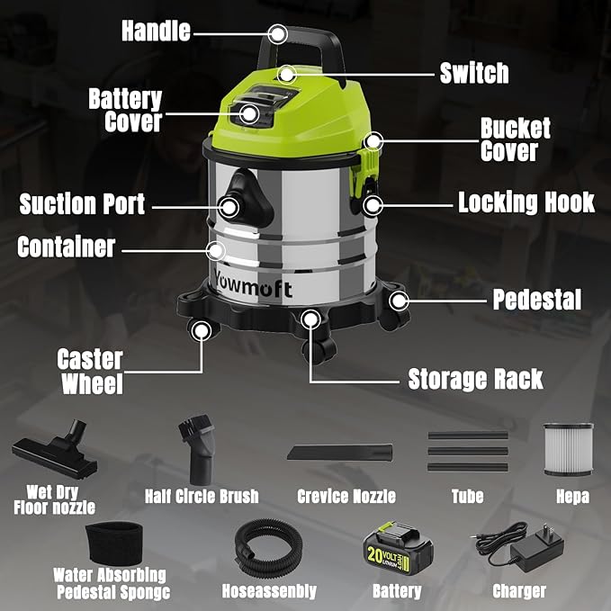 4 Gallon Cordless Shop Vac, Cordless Shop Vacuum Wet and Dry with 16 Kpa Strong Suction & Blower, Portable Shop Vacuum, Battery Powered Shop Vac for Car, Home and Garage, CVC2015