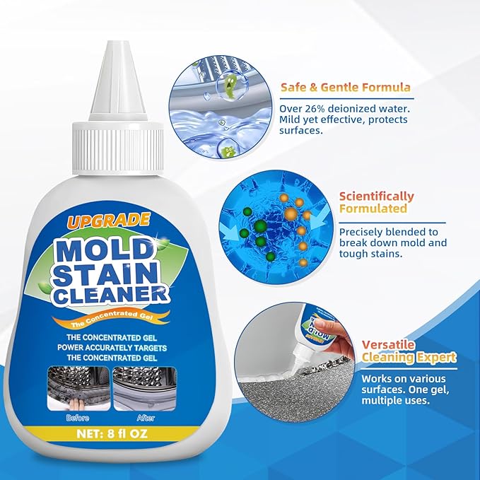 Mold Stain Cleaner Gel, 8 FL oz Heavy-Duty Household Cleaner for Washing Machine Gasket, Shower Caulk, Bathroom Grout & Front Loader Seal (220ml)