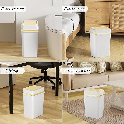 3 Pack Bathroom Trash Can with Lid 4 Gallon Small Trash Can with Press Top Lid White and Gold Bathroom Garbage Can with 150 Counts Trash Bags for Kitchen Bedroom Office