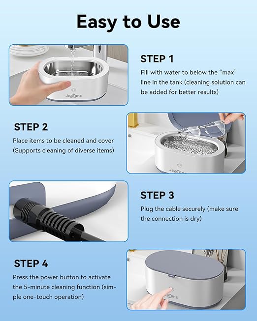 JeaTone Ultrasonic Jewelry Cleaner, 46KHz Sonic Jewelry Cleaner Machine for All Jewelry, Eyeglasses, Retainers, Dentures, Rings, Watches, Earrings & More, 304 Stainless Steel 20oz Cleaning Pod (Grey)