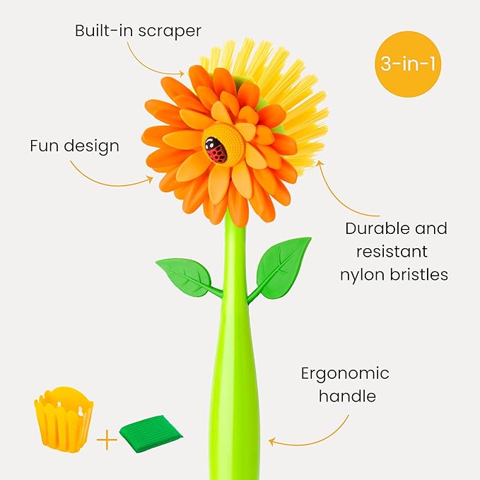 Vigar Flower Power Kitchen Sink Caddy Organizer - Dish Sponge Holder with Flower Dish Brush, Suction Cup & Sponge for Kitchen Sink, Decorative Kitchen Sink Accessories Countertop Storage Set - Orange