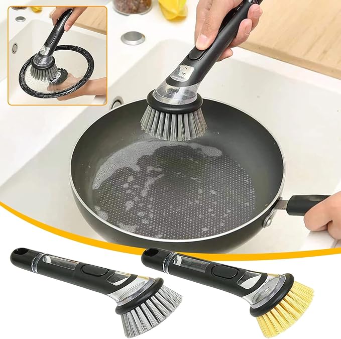 Soap Dispensing Dish Brush with Long Handle, Kitchen Scrub Brush for Pots, Pans, Sink and Dishes, Round, 9.25in, Plastic and Nylon Bristles (Gray)