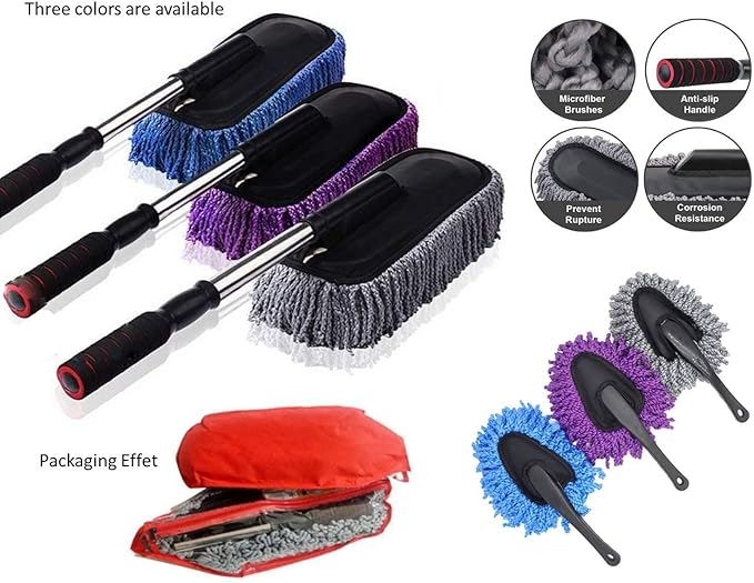 Removable Telescopic Car Wax Drag Nano Fiber Car Wash Brush Car Dusting Tool Car Mop Wax Duster Exterior Interior Cleaning Kit (Premium Car Duster & Dash Duster 2 Pcs Set, Purple)