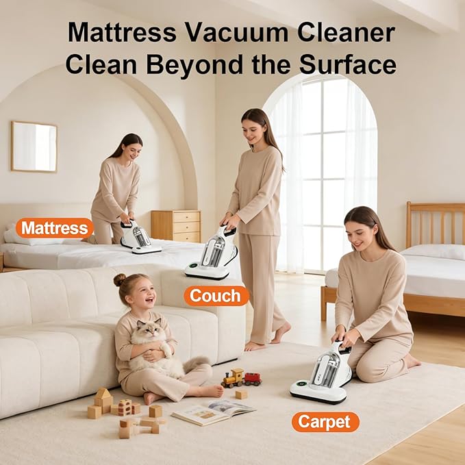 TER Bed Vacuum Cleaner, Smart Dust Sensor, HEPA Filter, 16Kpa Strong Suction & 35000 RPM Tapping, 131ยฐF Heat, 5-in-1 Deep Cleaning Mattress Vacuum Cleaner UV for Bed/Couch/Pet Hair (Corded)