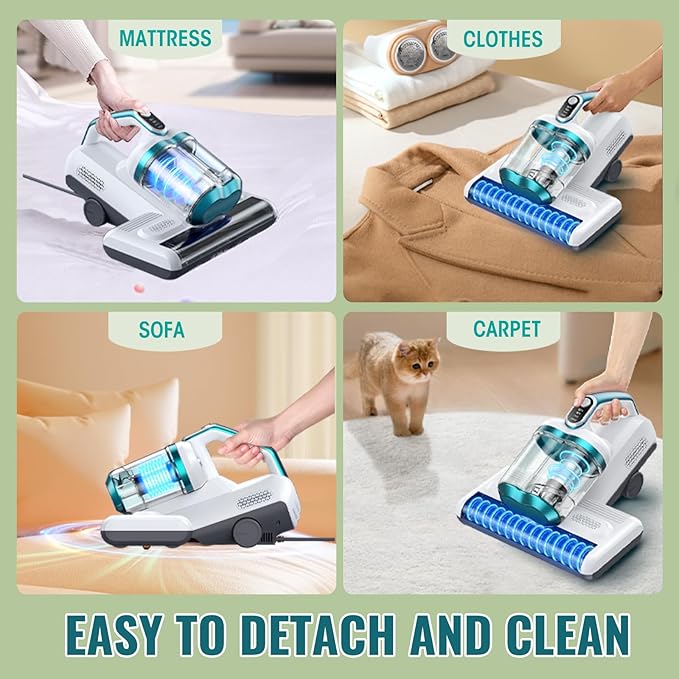 Mattress Vacuum Cleaner Bed Vacuum with 16Kpa Suction 253.7nm UV-C Light, 30000 RPM/Min Dual Brushroll Rotation & Heating Tech & Ultrasonic, 10'' Dual Widened Suction Port, 500W, Corded