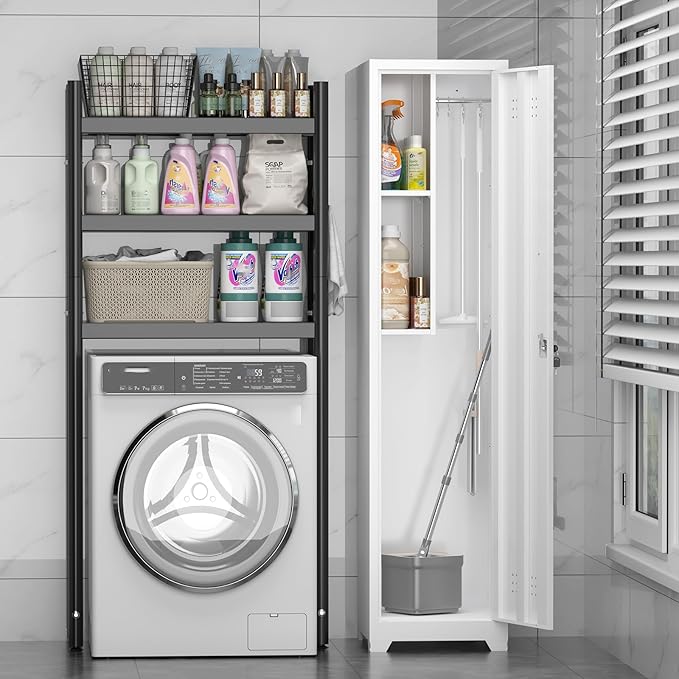 Broom Closet Utility Storage Cabinet with Locking Door and 2 Shelves, 65" H Slim Tool Cabinet for Broom and Mops, with Hanging Rod and Hooks for Home Office,White