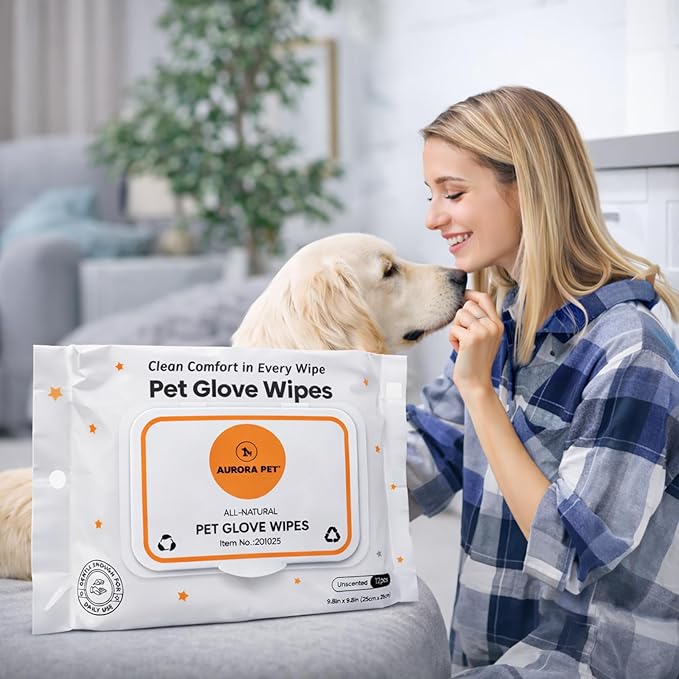 Aurora Pet Glove Wipes for Dogs & Cats, Wearable No-Rinse Grooming Glove Wipes for Paws, Face, Ears & Body, Hypoallergenic Disposable Pet Cleaning Wipes, Unscented, 12 Count