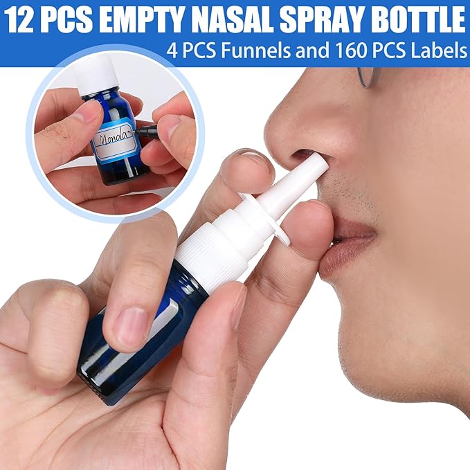 20 Pcs Nasal Spray Bottle, 10ML/0.35OZ 12 Pcs Glass Bule Refillable Empty Nasal Spray Bottles with 4 Funnels and 4 Labels