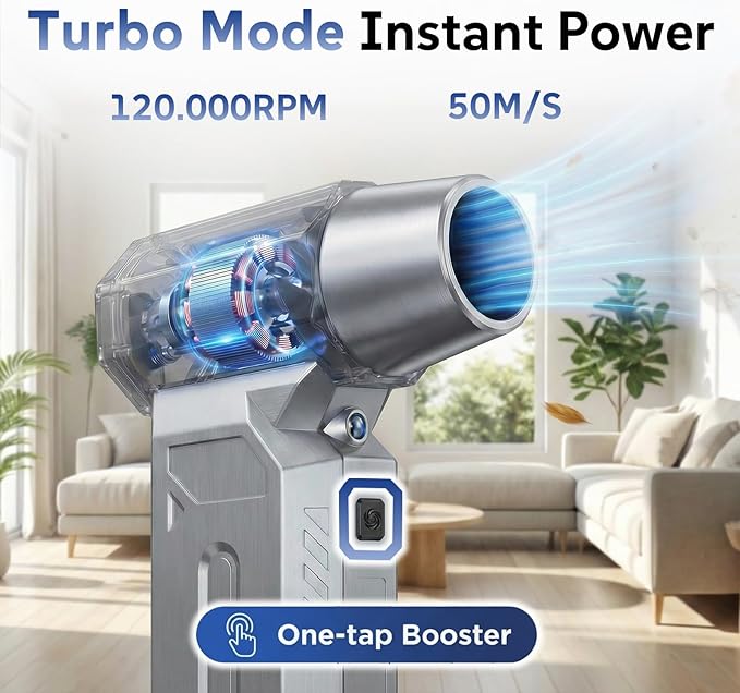 Compressed Air Duster, 120000RPM Cordless Electric Air Duster with LED Light, 4-Speed Rechargeable Air Blower with 4 Nozzles & 2 Brushes for Keyboard, PC, Car, Home and Tight-Space Cleaning