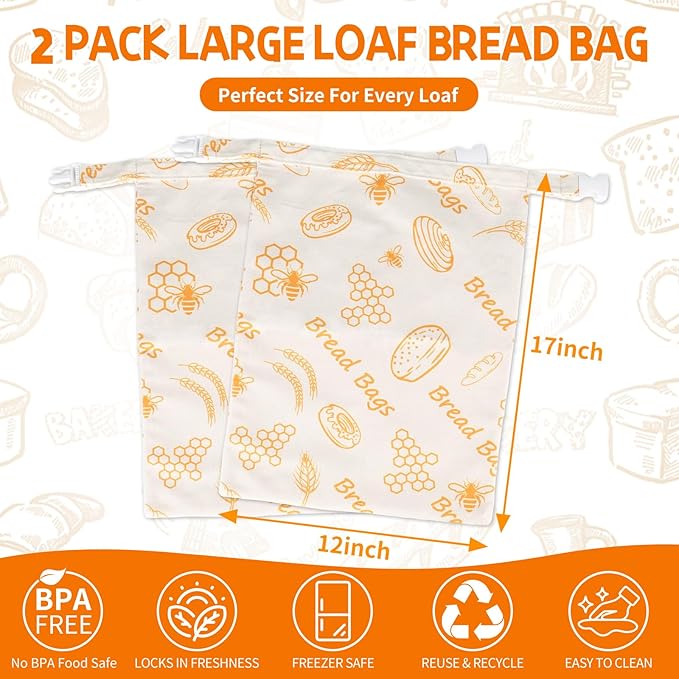 2-Pack Reusable Beeswax Bread Bags for Homemade Sourdough | XL 17x12 Inch Cotton Food Storage Bag Keeps Fresh Longer | Breathable Eco-Friendly Wrap for Boules & Loaves